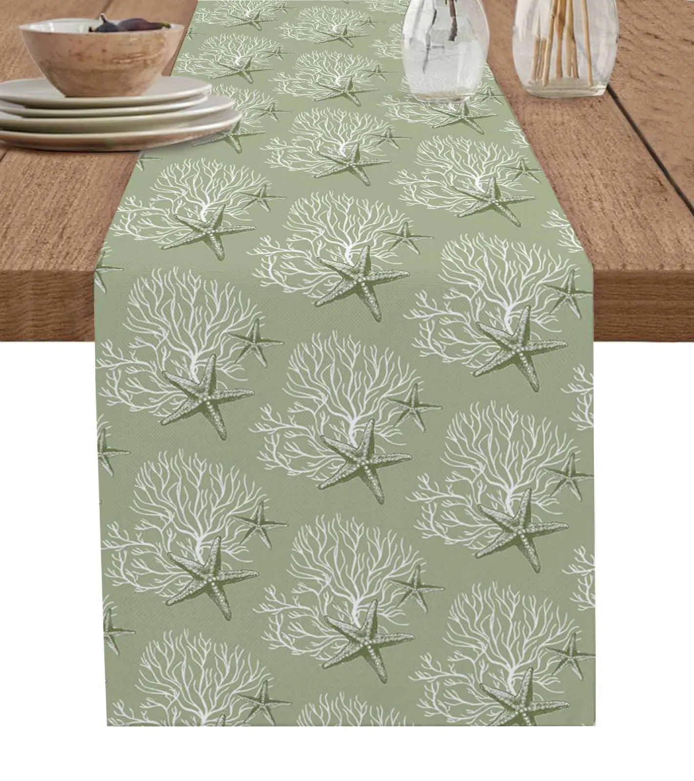 Coral Sea Star Sage Green Coffee Table Tablecloth Wedding Decor Home Party Table Runners Kitchen Dining Table Cover Tablemats