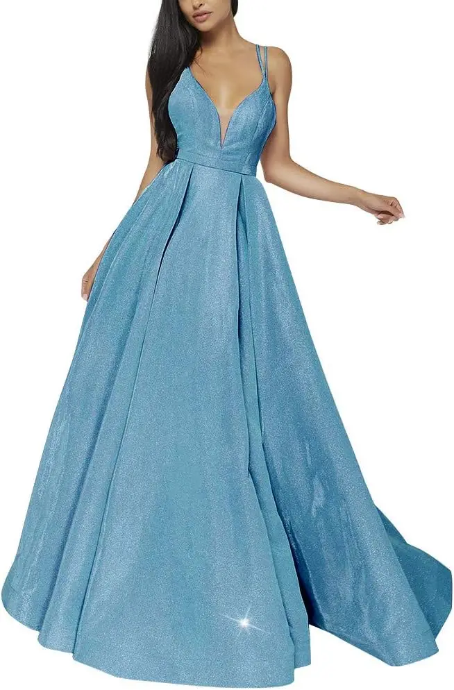 

Glitter Long Prom Dresses 2026 Sparkly Evening Gown with Slit Spaghetti Strap V Neck Formal Prom Gowns with Pocket Luxury Dress