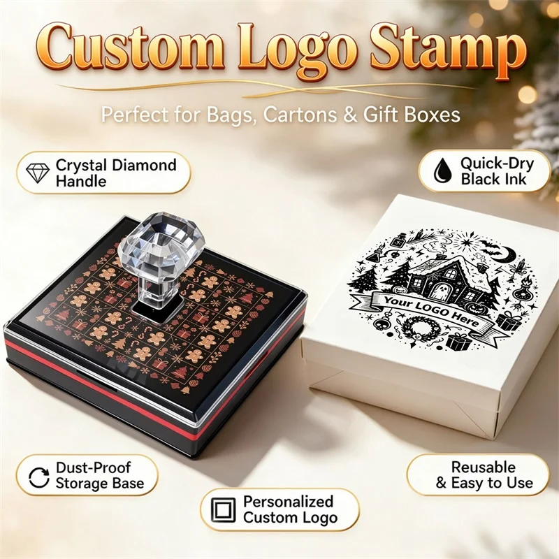 Self Inking Rubber Logo Stamp Large Crystal Diamond Handle Custom Stationery Logo For Notebook Cover Brand Tag Supply Packaging