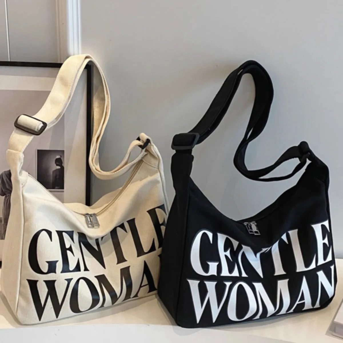 Gentle Woman Letter Canvas Bag, Trendy Versatile Large Capacity Commuting Shoulder Crossbody Bag, Casual Daily & Chic Outings