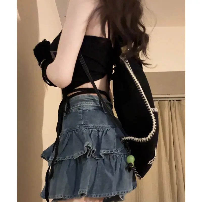 New Retro Hot Girl Ruffled Fake Two-piece High Waist Denim Skirt Female Y2K Summer New Design Sense Waist Cake Skirt Denim Skirt