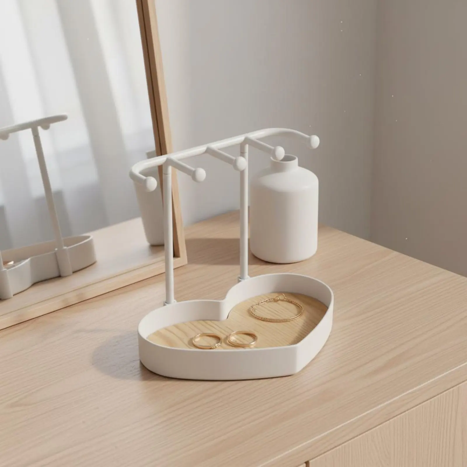 Heart Shaped Jewelry Stand Multi-Functional Jewelry Organizer with Tray Chain Display Holder with Tray Wood Grain Base