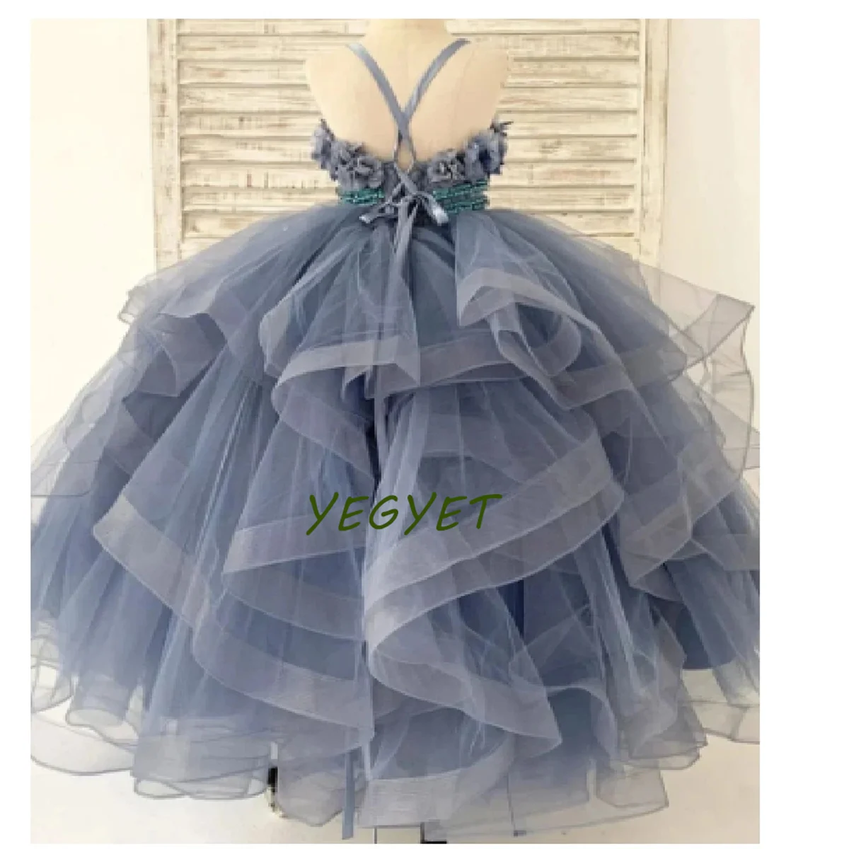 

Flower Girl Dresses Appliqué Tulle Thin Shoulder Strap Communion Princess Tulle Custom Girls Birthday Ball Gown Up Floor-length