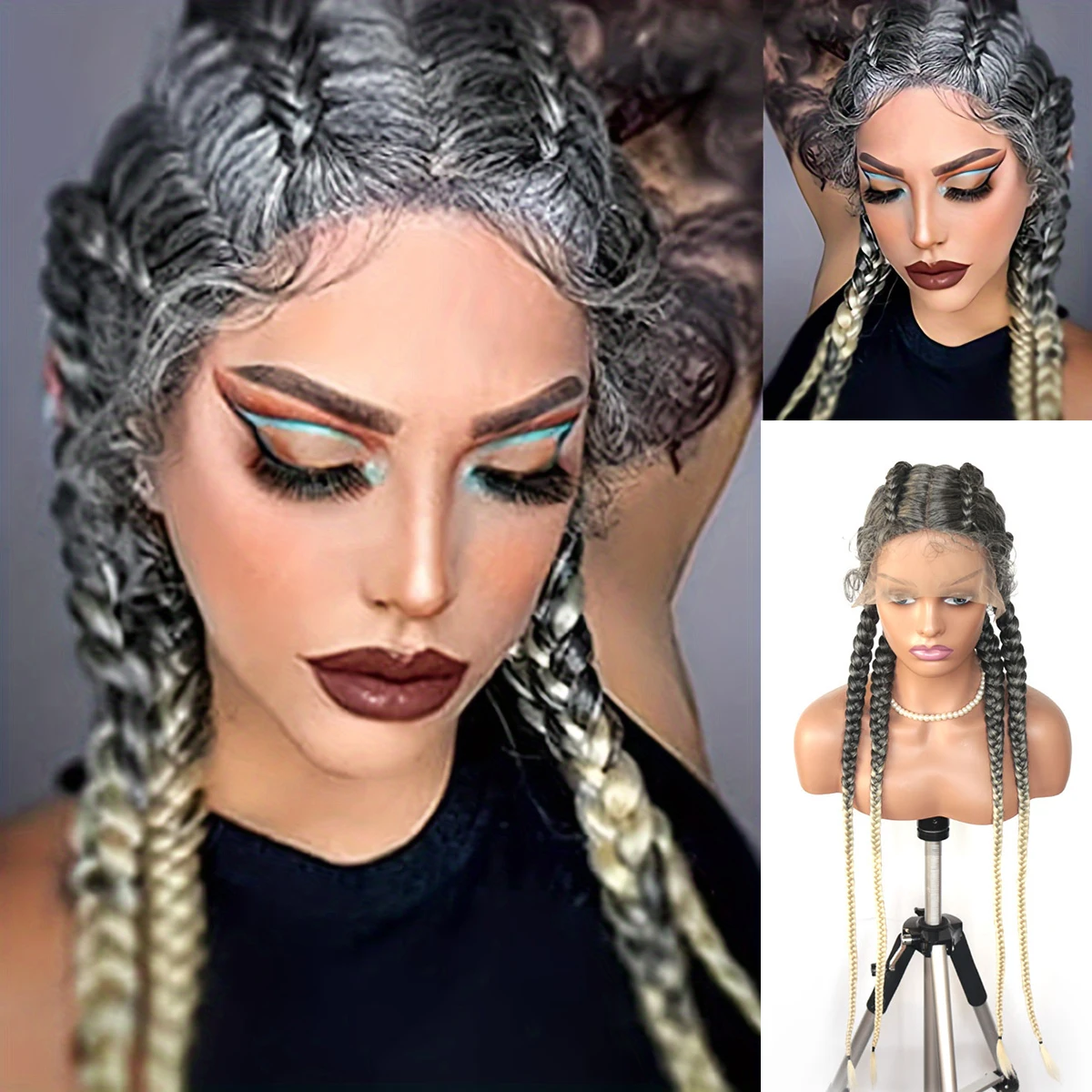 

Handmade Box Braided Synthetic Lace Front Wig with Baby Hair 1B# Black Ombre Long Big Braiding 4 Braids Wig for Women Lace Wigs