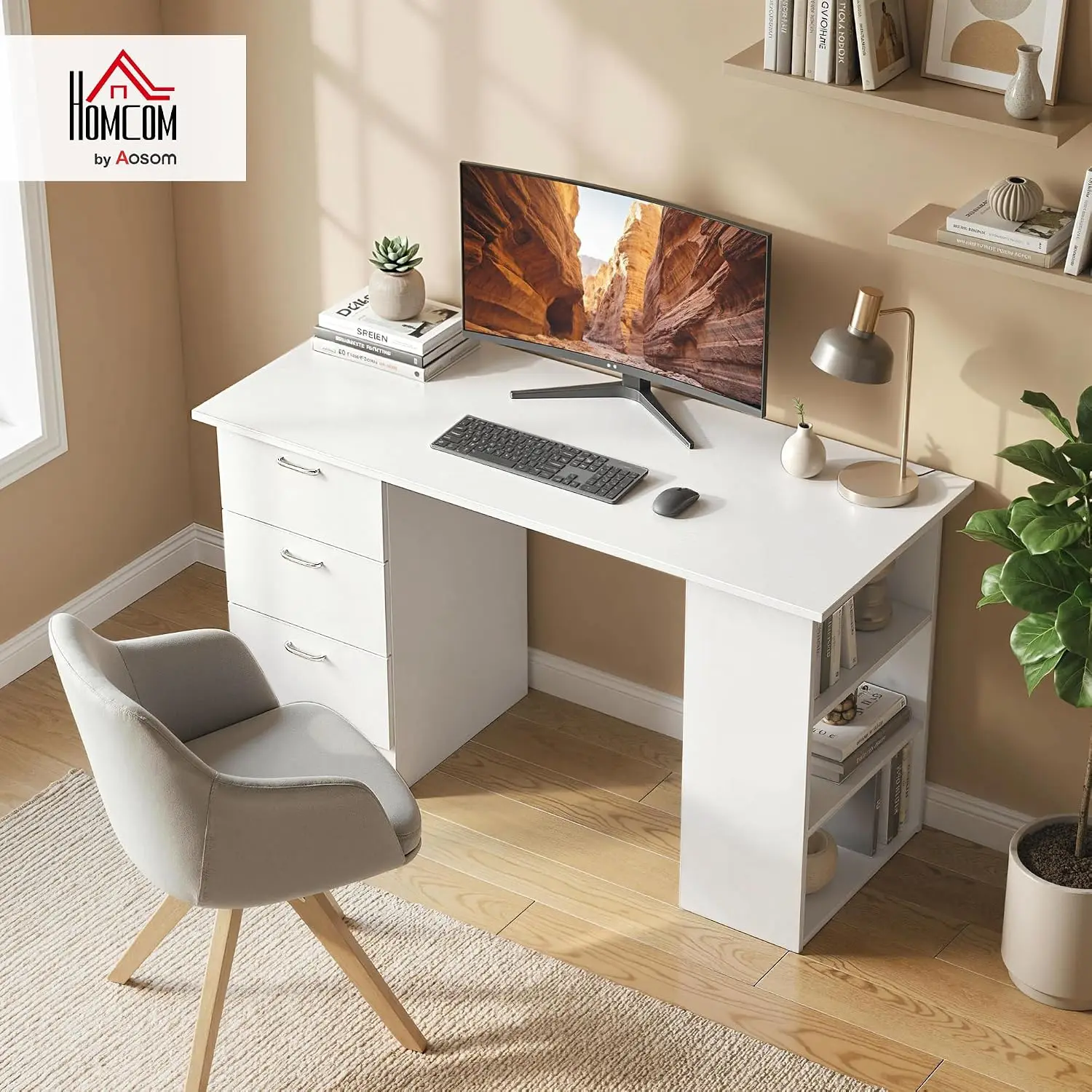 White Computer Desk with Drawers & Shelves, 47