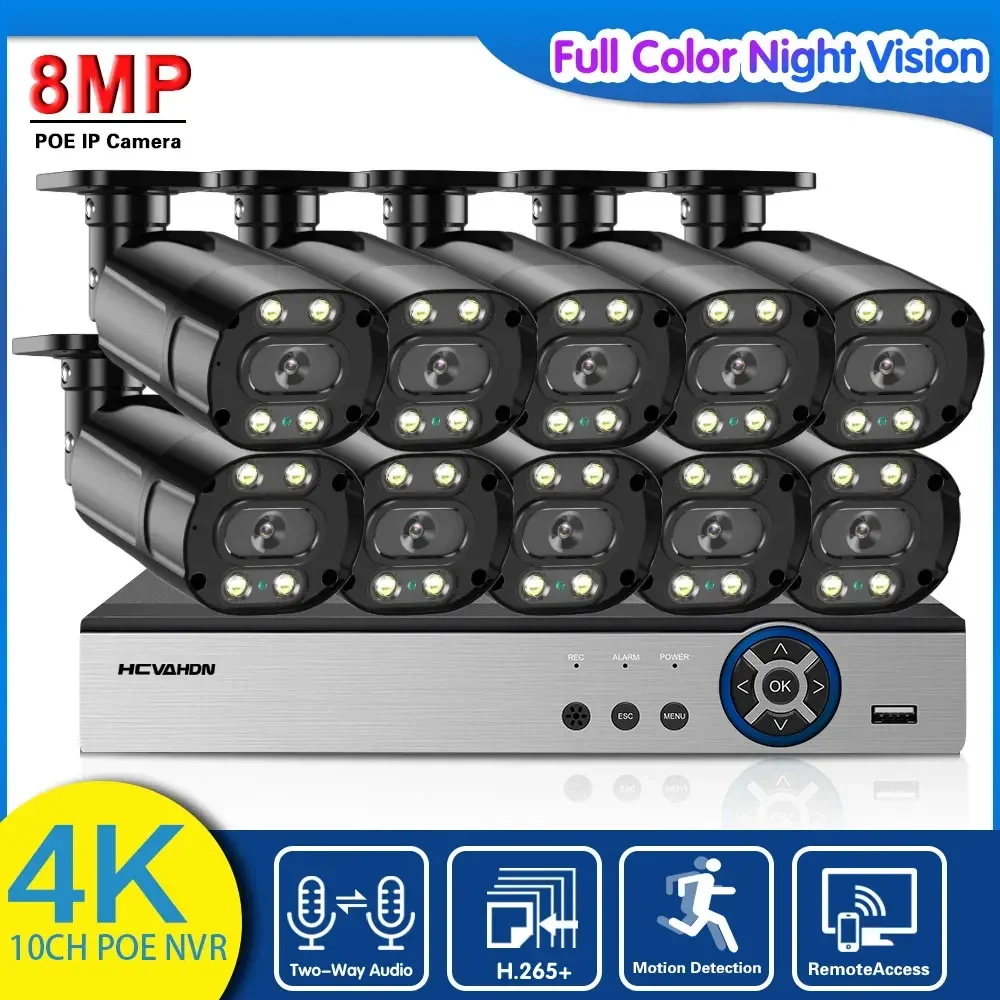 4K Cctv Camera Beveiligingssysteem Kit Poe 8ch Nvr Systeem Buiten Kleur Nachtzicht 8mp Ip Camera Video Surveillance Systeem Kit