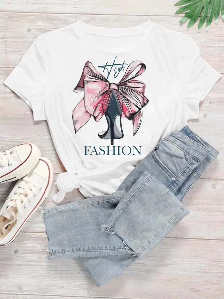 Maycaur 새로운 하이힐 와인 안경 그래픽 인쇄 T 셔츠 여성 재미 있은 Tshirts 캐주얼 흰색 반팔 탑 티셔츠 Feamle Clothes