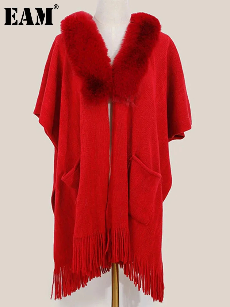 [EAM] Women Red Fur Hem Tassels Big Size Keep Warm Scarf New Long  Personality   Fashion Tide Autumn Winter 2025 1DH8496