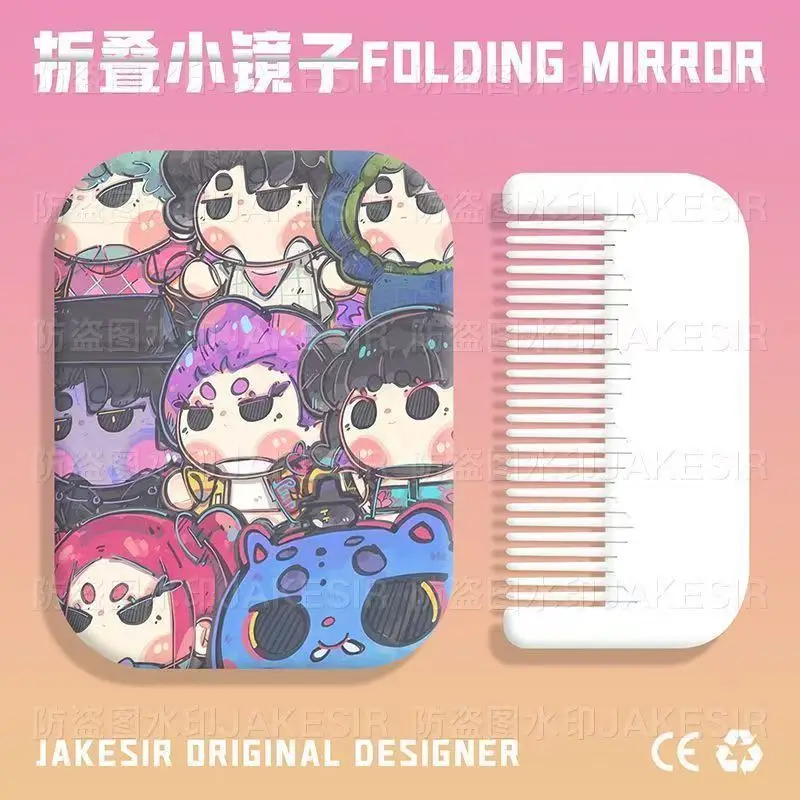 مرآة قابلة للطي 6.5 سم × 8.5 سم مرآة مكياج خارجية صغيرة محمولة مع مشط Kpop شيطان الصيادين للطلاب
