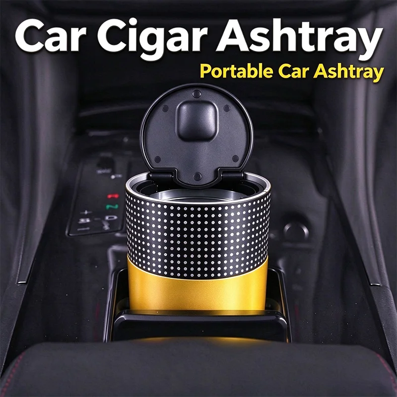 Car Cigar Ashtray with Lid Aluminum Alloy Portable Cup Holder Ash Tray Spiral Cigar Rack Heat Resistant for Vehicle Home Office