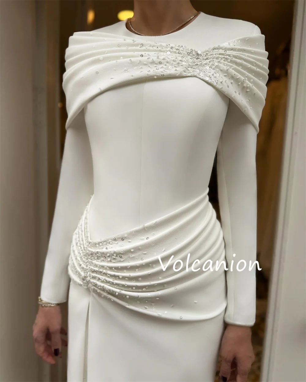 Moda personalizada jérsei plissado lantejoulas em linha reta o-pescoço vestidos longos sob medida ocasião elegante pastrol