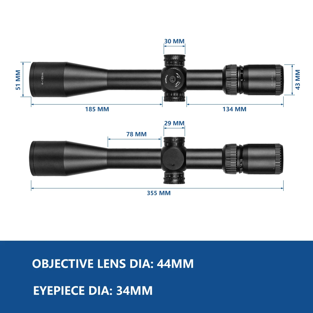 SPINA OPTICS HD 4-16x44 Scope Sight Long Eye Relief Second focal Plane Hunting Tactical BDC Etched Glass Reticle Side Parallax view 2