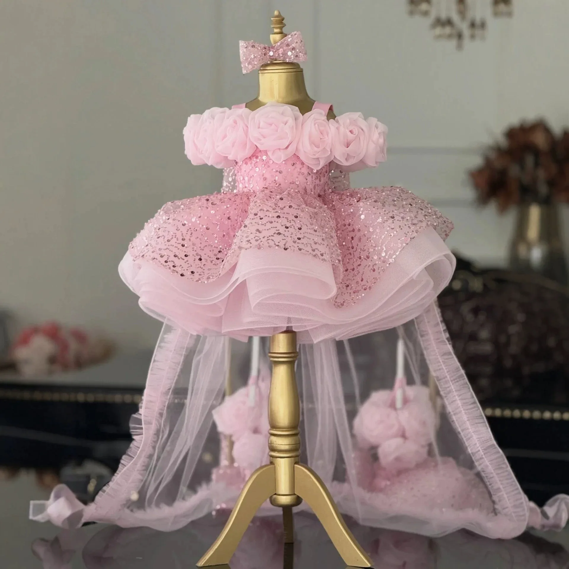 Jill Wish M081 Luxury Pink Sequin Flower Girl Dress with 3D Rose Off-Shoulder Neckline, Puffy Tulle Princess Birthday Party