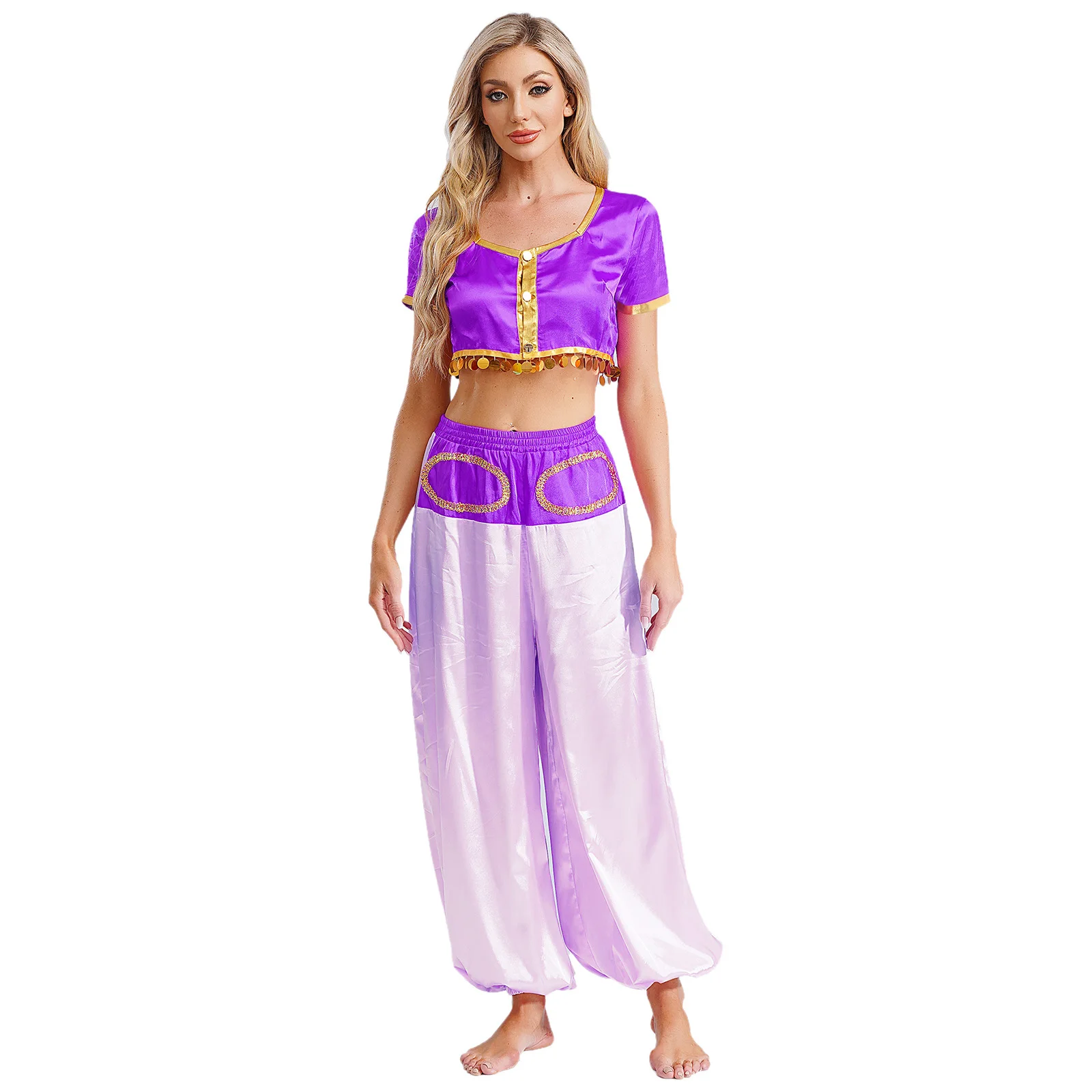 المرأة قطعتين البطن أداء الرقص الهندي المحاصيل الأعلى مع البنطلونات السراويل مجموعة غنائية هالوين العربية الشعبية تأثيري وتتسابق