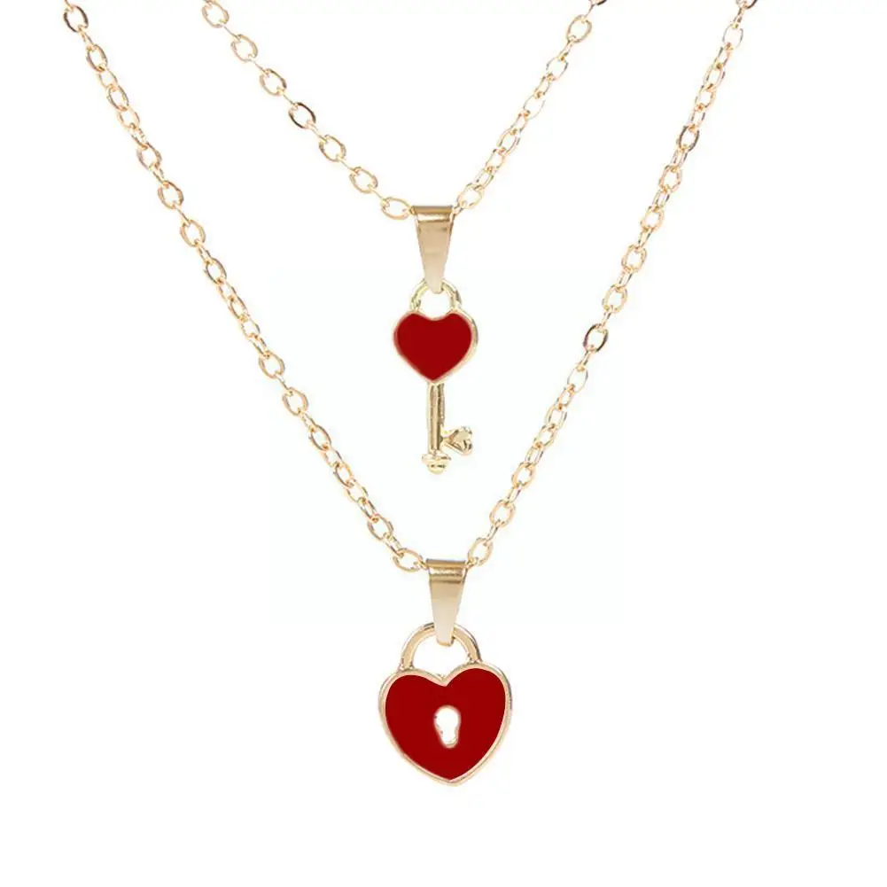 1Pair Fashion Key Lock Pendant Necklace For Couple Simple Design Love Heart Gold Color Collarbone Chain Necklace Jewelry Gi N7P2