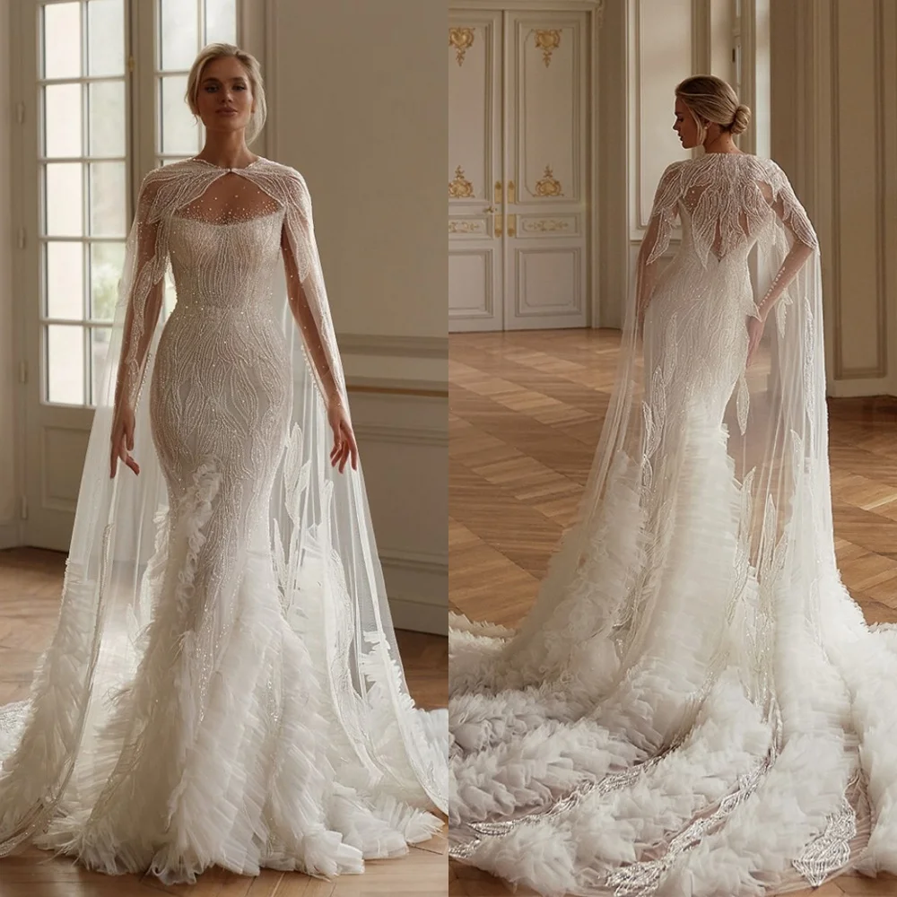 

Customized White Tulle Bridal Gowns Elegant O-Neck Shawl Long Sleeves Wedding Dresses Chapel Train Sequined Mermaid Dress