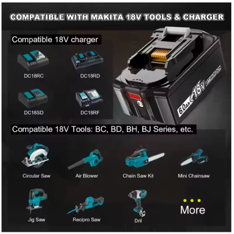 Nuova batteria al litio Makita 18V, 6.0Ah, ricaricabile, con LED, per la sostituzione della batteria degli utensili elettrici, modelli BL1860B, BL1850B, BL1840B, BL1830B.