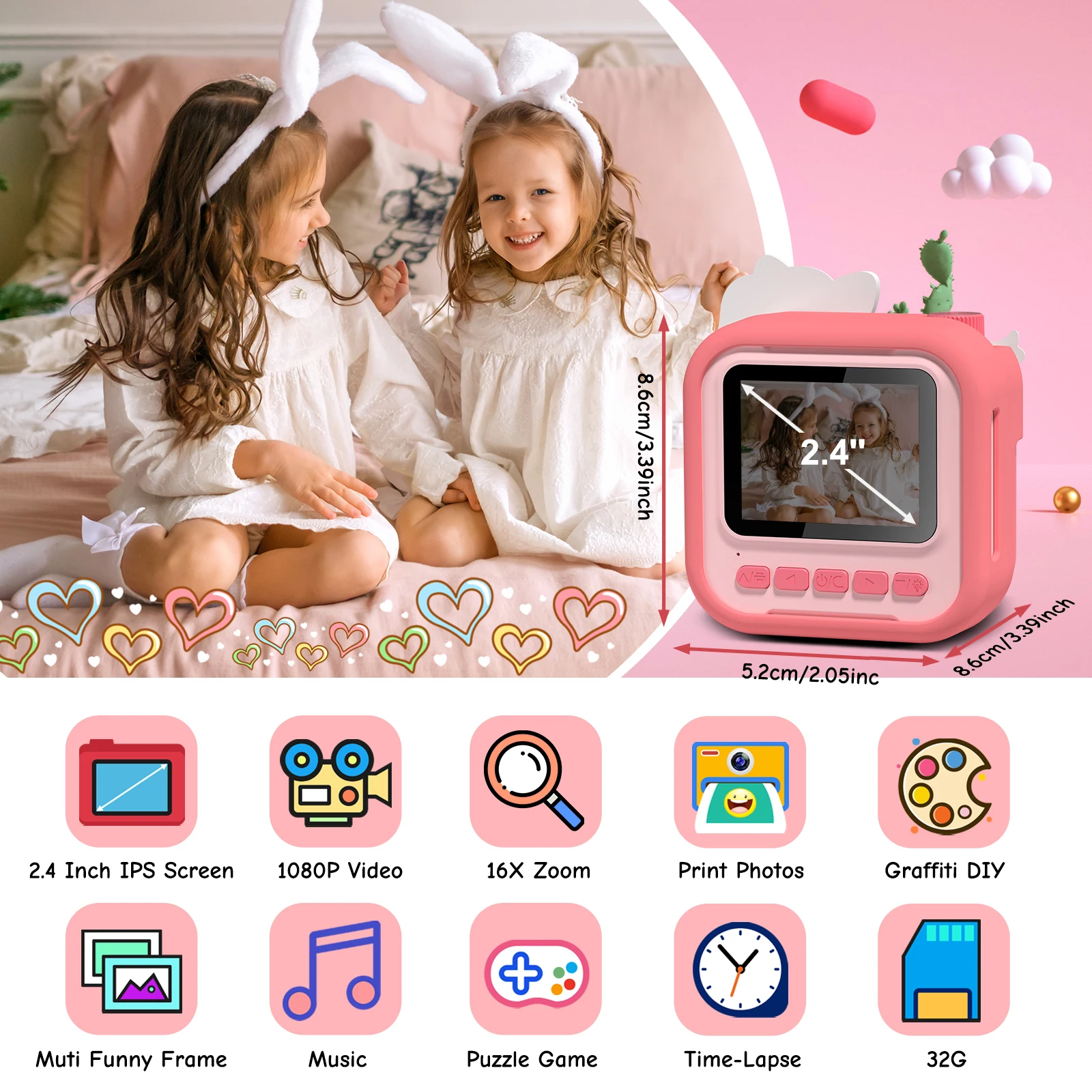 Kamera instan anak, kamera cetak layar IPS HD 2.4 inci 12MP 1080P untuk anak-anak, kamera instan dengan kartu memori 32G