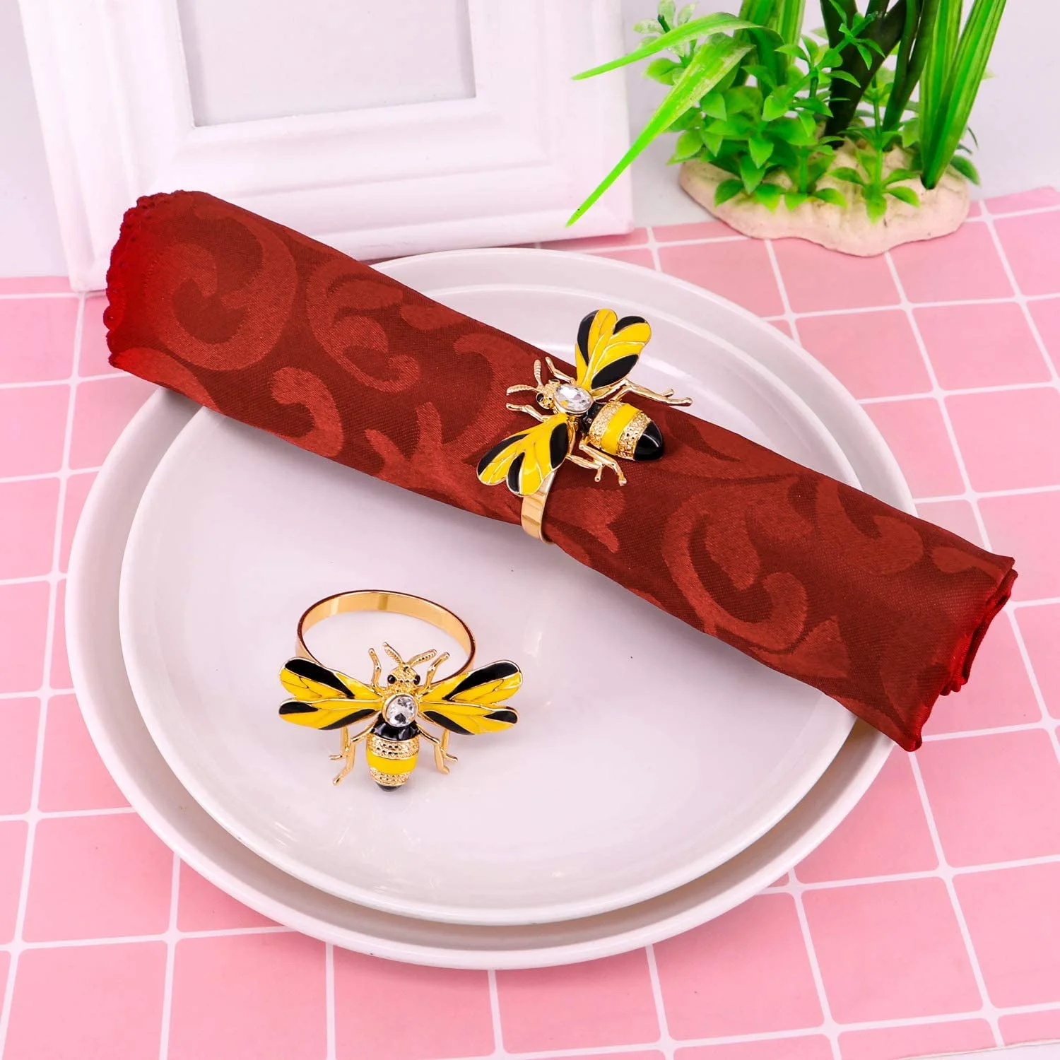A19F-Set Of 10 Bee Napkin Buckle Napkin Ring Alloy Insect Diamond Buckle Paper Towels Napkin Holder