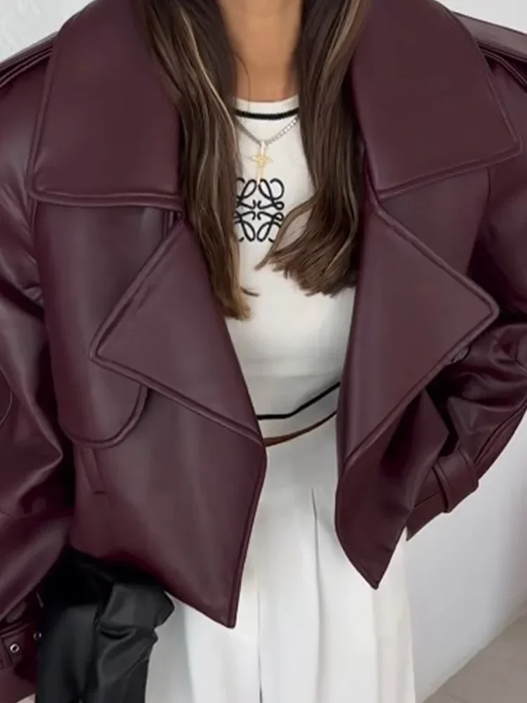 Women Retro Burgundy Leather Short Jacket Fashion Big Lapel Full Sleeves Pocket Loose Coats Lady Autumn Chic High Street Outwear