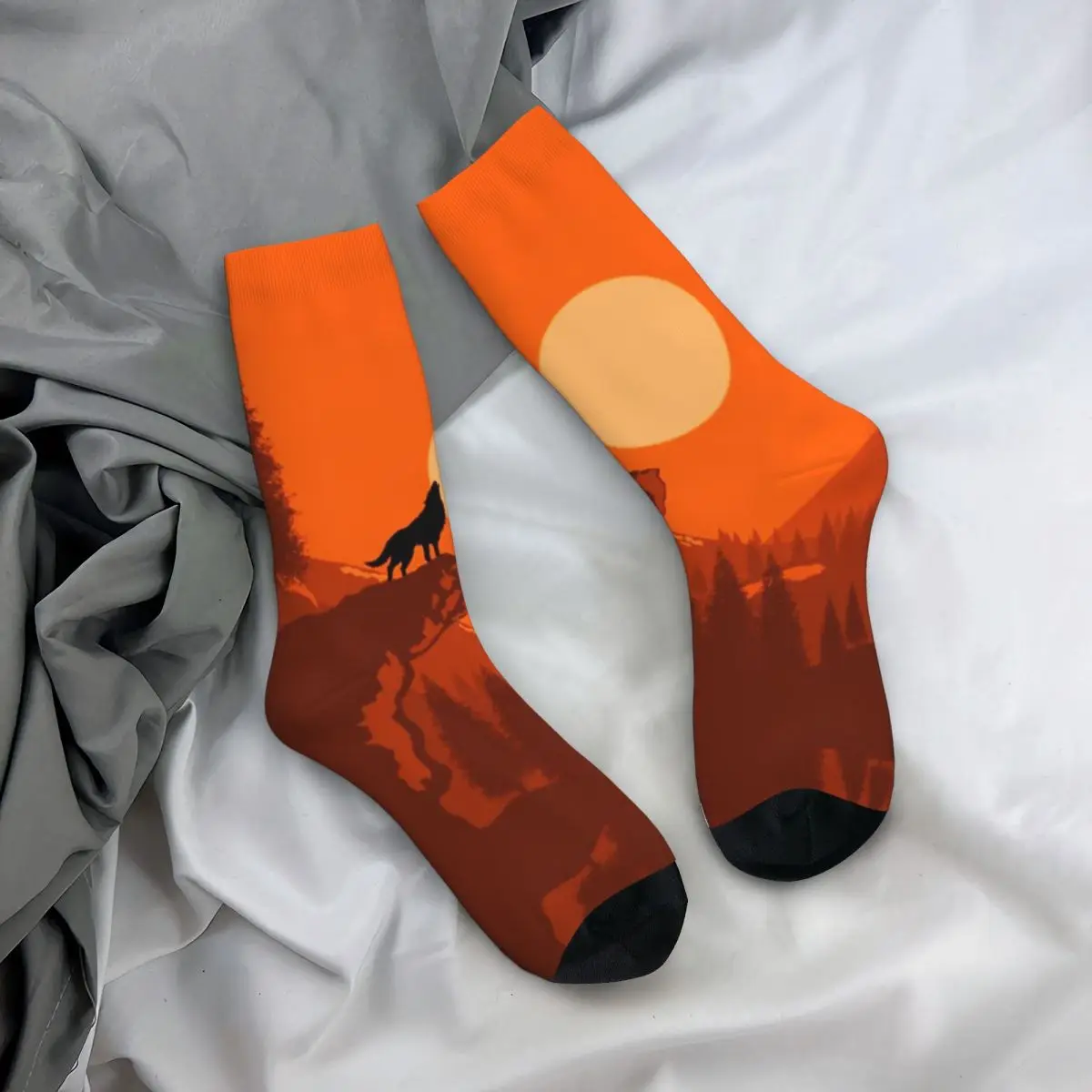 Calcetines Unisex acogedores con estampado 3D, senderismo, Lobo, Luna Roja, puesta de sol interesante, cuatro estaciones