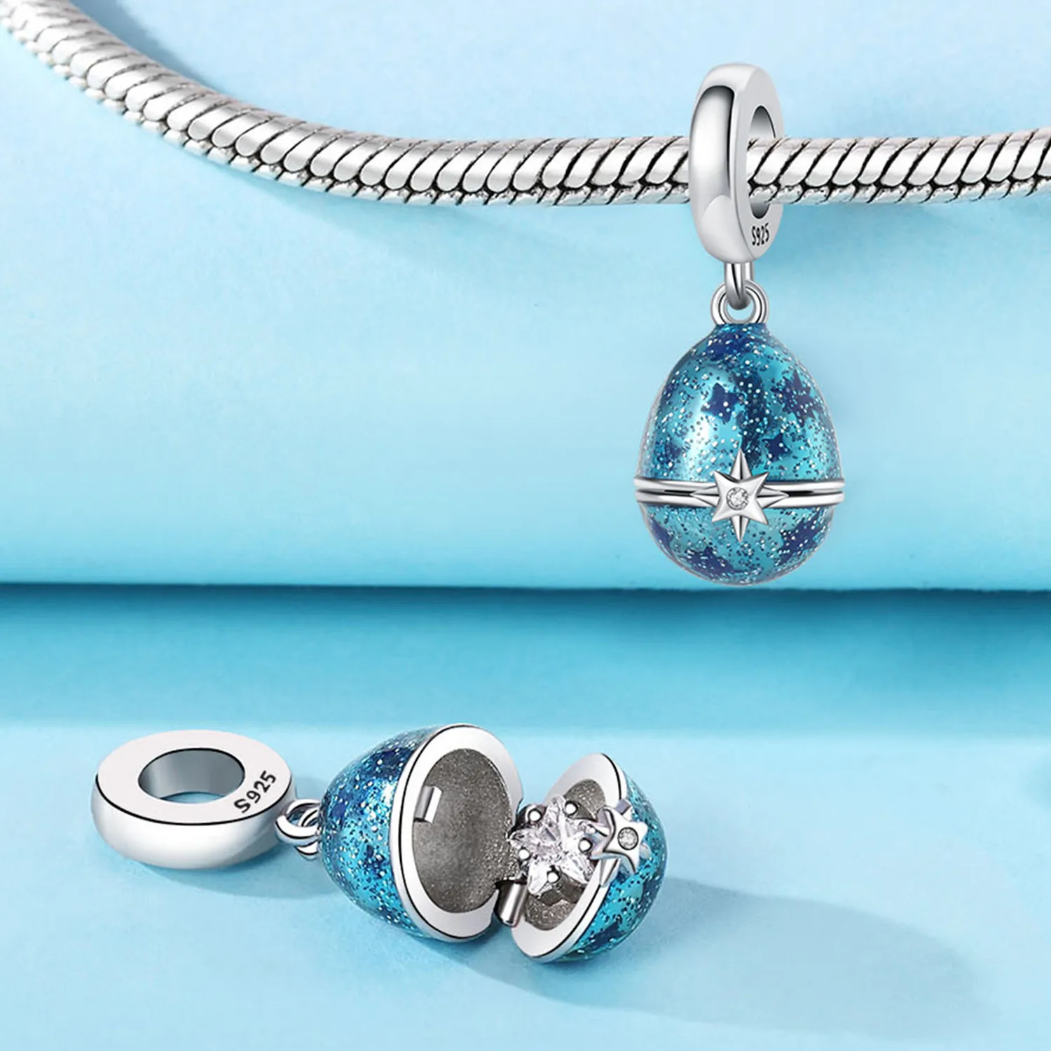 925 Sterling Silver Blue Star Easter Egg Pendants Bracelet Charms Fit Women Jewelry Party Beads DIY Fine Gifts Accessories