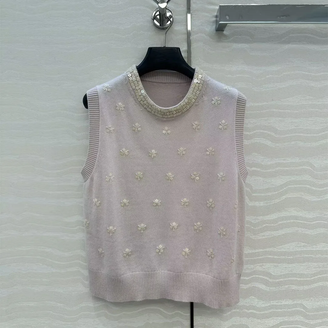 

Милые шерстяные вязаные топы в консервативном стиле, женский свитер с круглым вырезом, без рукавов, с вышивкой и блестками, жилет с цветочным декором, пуловер