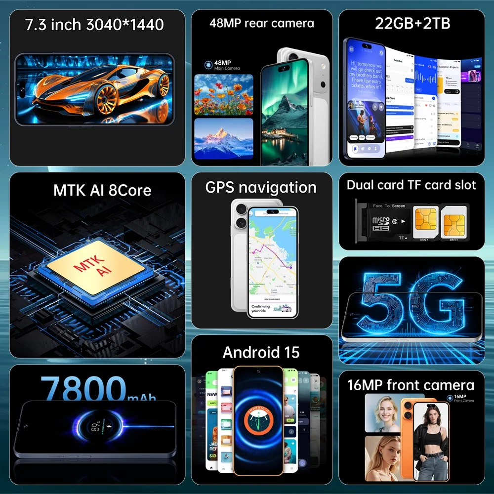 K-Touch Smartphone Android 5G For 17 Pro Max Smart Mobile Phones Dual Sim 22G+2TB Cell Phone Face Unlocked 7.3inch HD 5G Dual SIM 7800mAh Battery