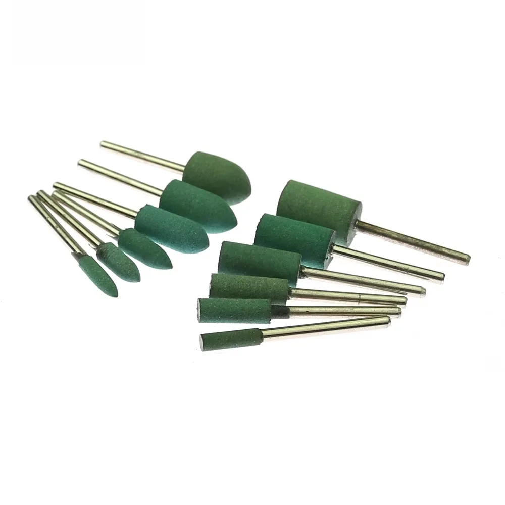 10 pcs Rubber Mounted Point Grinding Head for Mould Polishing Rotary Power Tools Green Buffer Abrasive Bits Taper/Cylinder Shape
