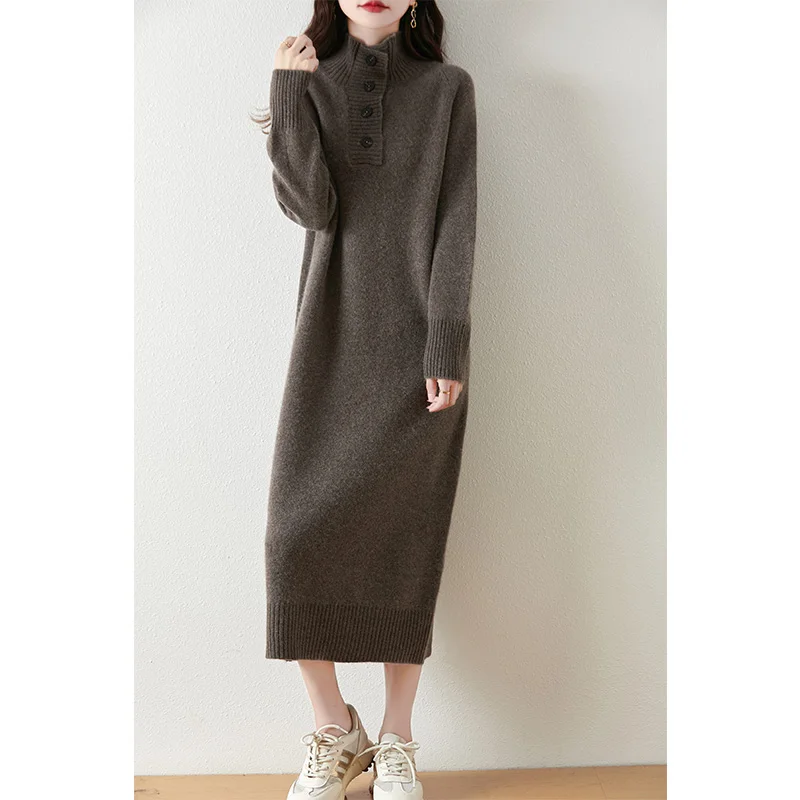 100% pure wool vestido ladies hot sale Autumn/Winter 2024 new fashion cashmere dress women\'s turtleneck wool clothing