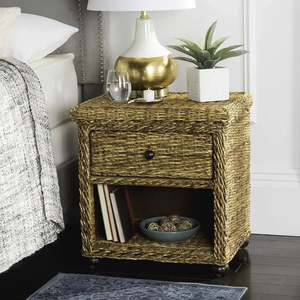 Tropical Natural Brown Rattan Solid Wood Nightstand Table, Fully Assembled (SEA8001A)
