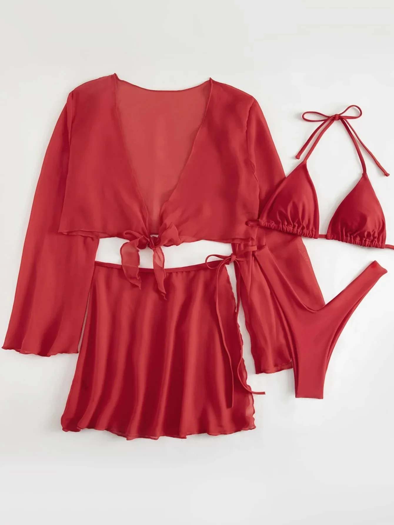 4pcs Red Bikinis Sets Women Mesh Long Sleeve Cover Up with Skirt Swimsuit 2024 Summer Push Up Beach Bathing Suit Thong Swimwear