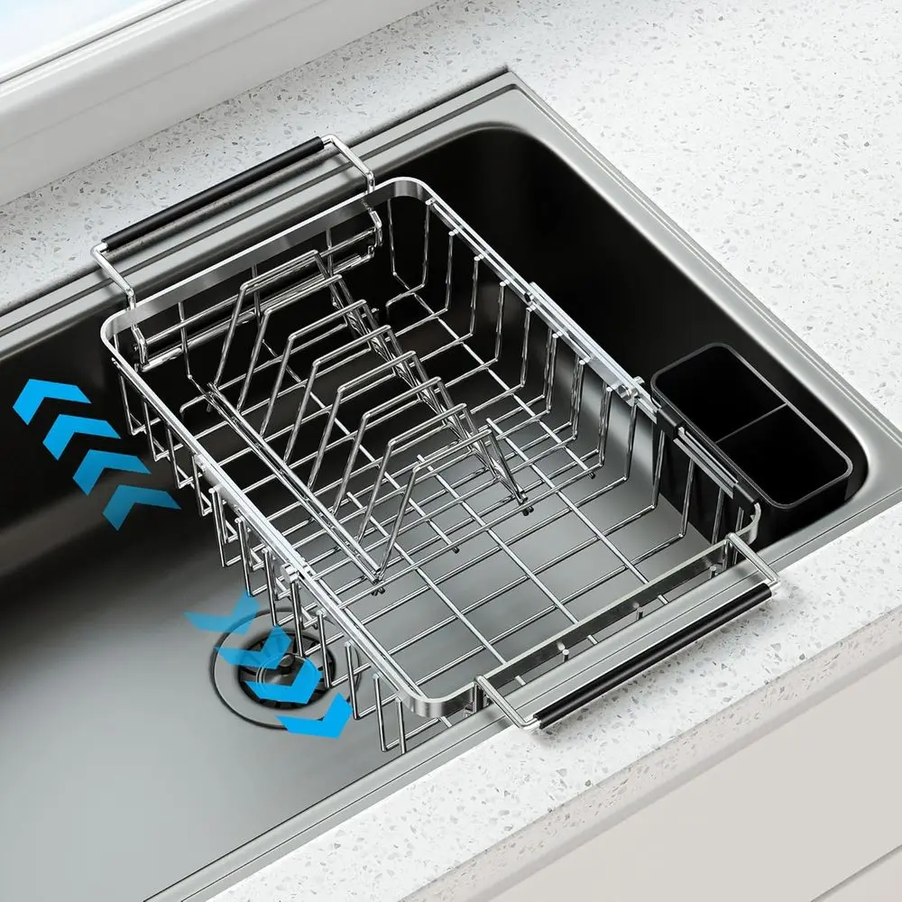 

Expandable Over The Sink Dish Drying Rack, Anti-Rust StainlSteel in Sink Dish Drainer with Cutlery Holder, Counter Space Saving