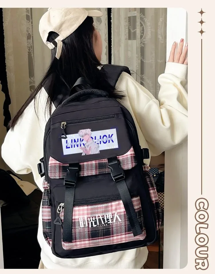 Breathable Mesh Tartan Plaid Black Blue Pink, Link Click, Student Kids Teens School Bags, Anime Backpacks Girls Cute