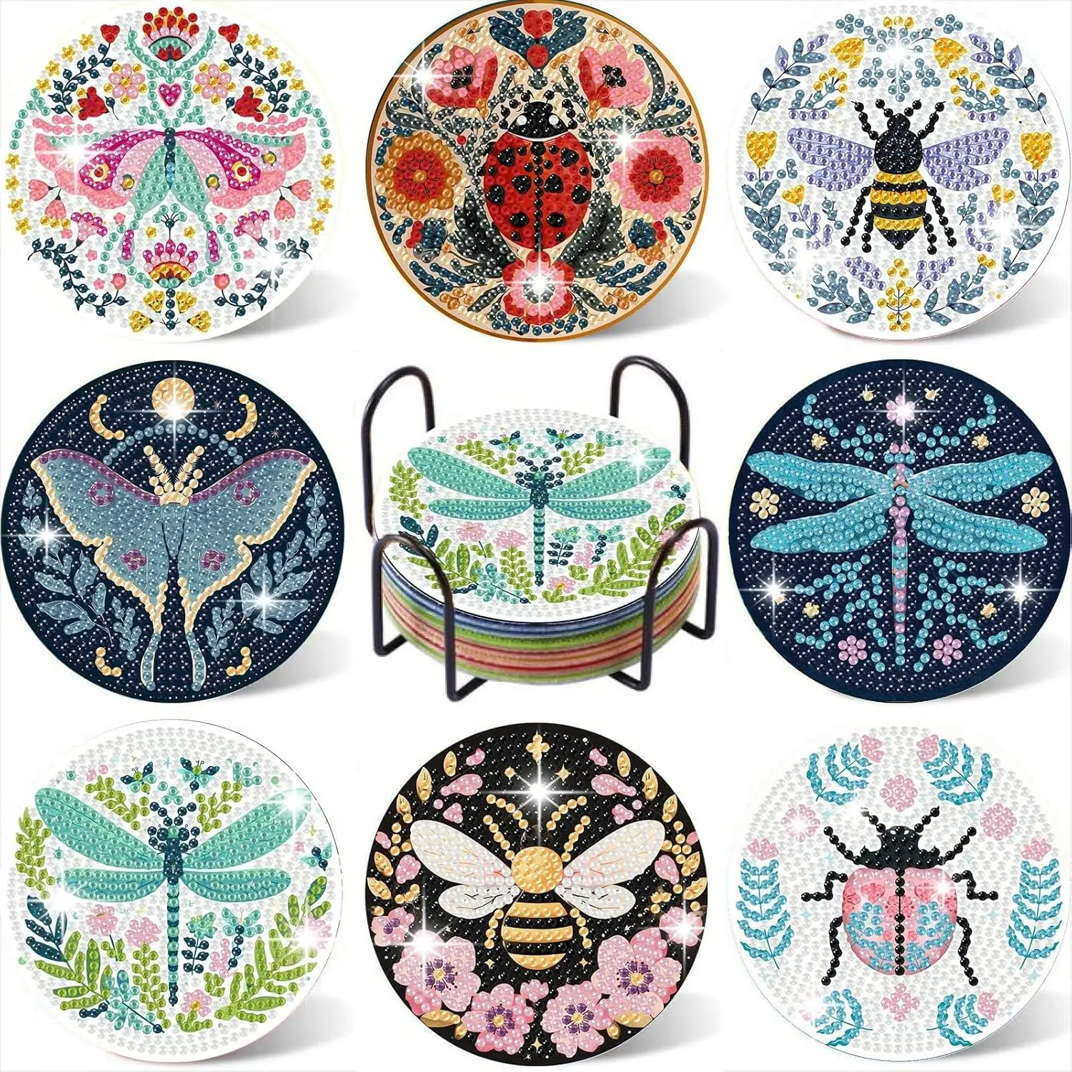 

Gemozaic 8PCS Diamond Art Coasters Kit, Insects Diamond Painting Coasters with Holder for Adults Beginners, DIY 5D Gem Art Craft