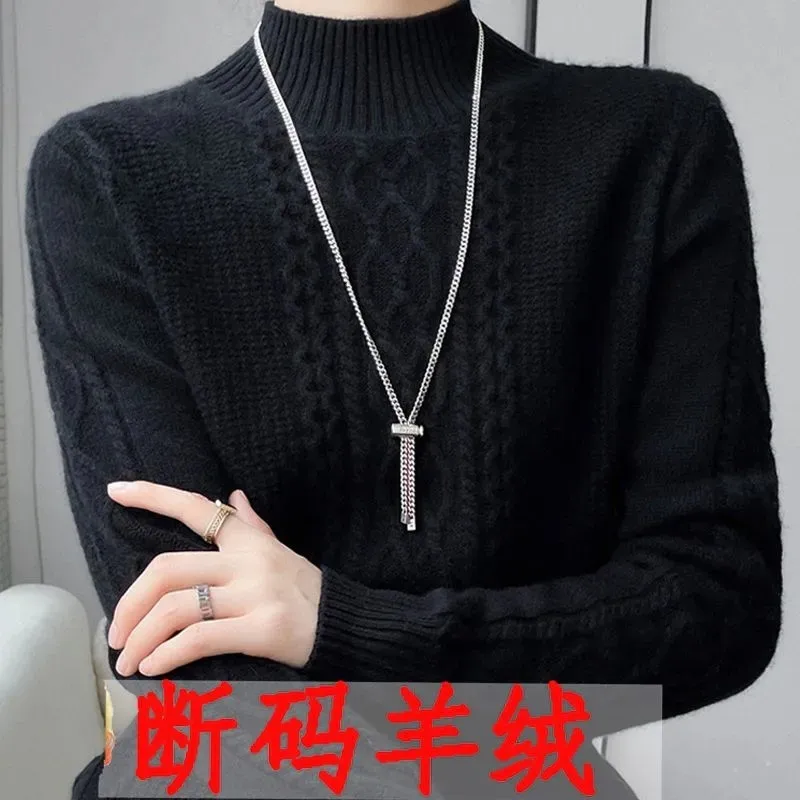 Autumn Winter New Cashmere Sweater Women's Fashion Casual Semi-High Neck Knitted Bottoming Shirt Loose Belly-Covered Slim Top