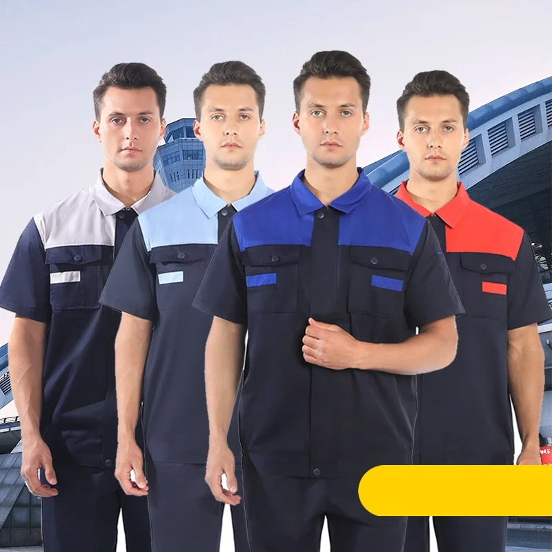 

Summer Men Work Clothing Contrast Color Short Sleeves Fashion Breathable Workshop Uniform Thin Working Coverall Auto Repair Suit