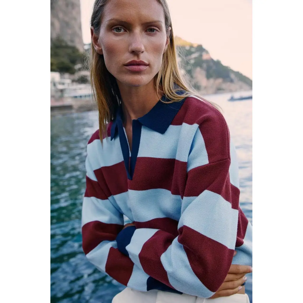 Fashionable Striped Knitted  Shirt for Women Elegant Versatile Long Sleeve T-Shirt Polyester Fabric Standard Fit