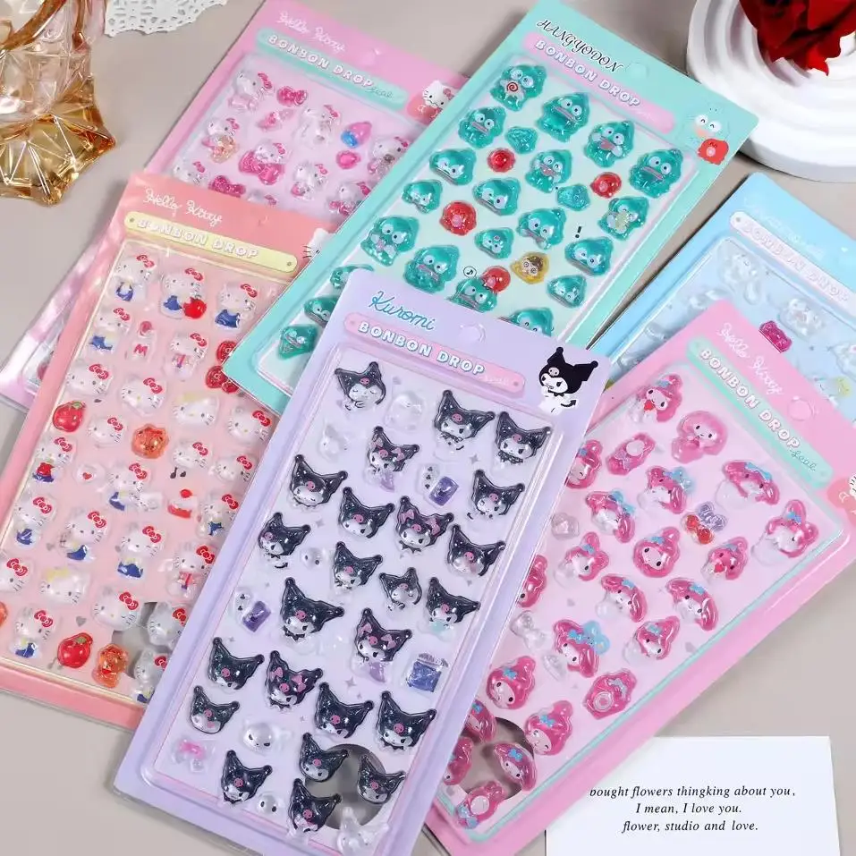 @In stock Anime Hellokitty Kuromi Cinnamoroll 3D Stickers Transparent Jelly Crystal Decorative Sticker Phone Case DIY Kids Toy！