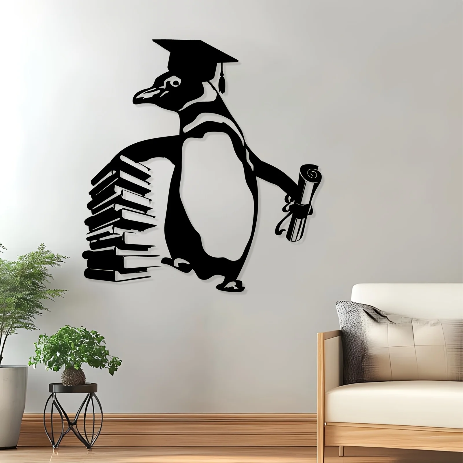 Educational Penguin Metal Wall Art,2D Flat Laser‑Cut Silhouette,Weather‑Resistant Iron Wall Mural