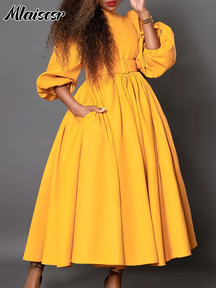 

Mlaiscsr Elegant Evening Wedding Guest Party Yellow Pleated Dress Woman O Neck Long Sleeve Belt Waisted Birthday Dinner Vestidos