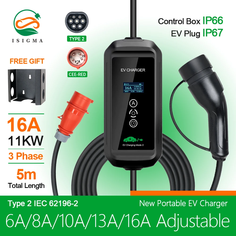 Isigma EV Charger 16A 11KW Type 2 IEC-62169  Adjust Current Timer Charging For Hybrid Eletric Vehicle Cars With Plug 5M Cable