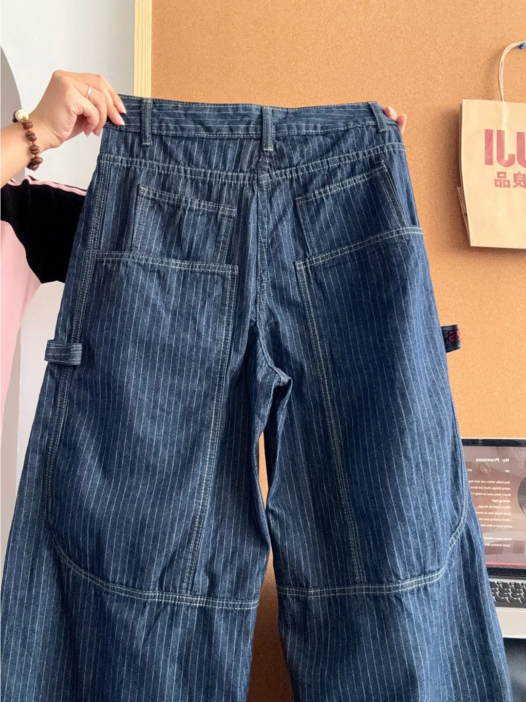 Retro High Street Deep Blue Striped Wide Leg Jeans Unisex Trendy Workwear Denim Pants Four Seasons Universal Knife  Jeans