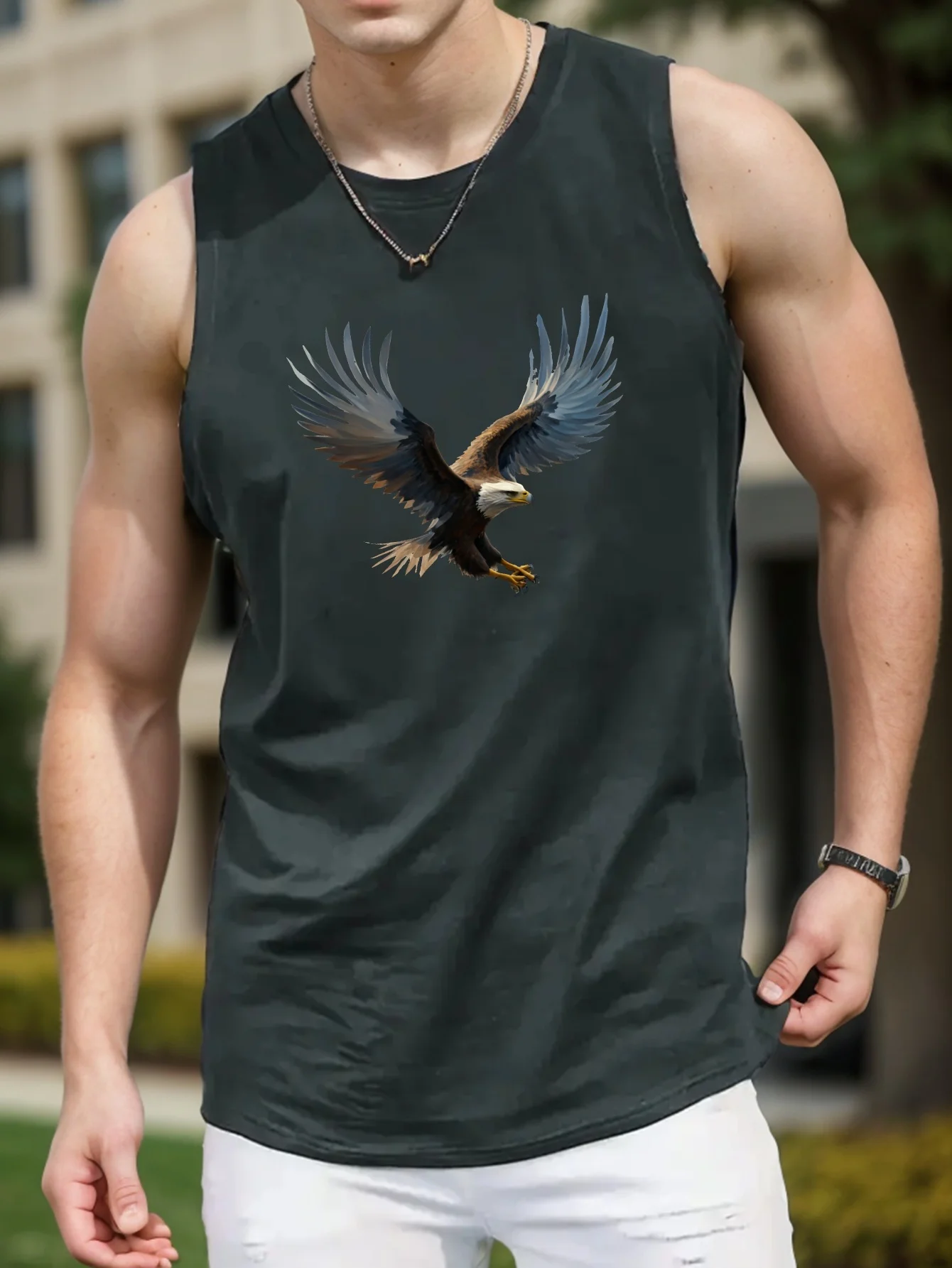 Fashionable Men's Vest With Eagle Pattern Printed Solid Color T-shirt, Summer Thin Sleeveless Breathable Exercise Top