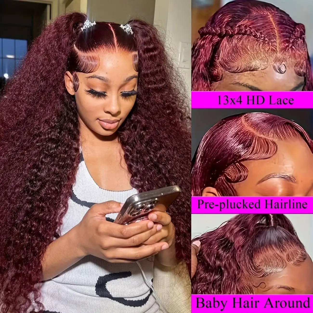 TIMOPOL 13×4 Lace Front Wigs 99J Jerry Curl Wigs For Women High Density Pre-Plucked Hairline Red Curly Human Hair Wigs view 2