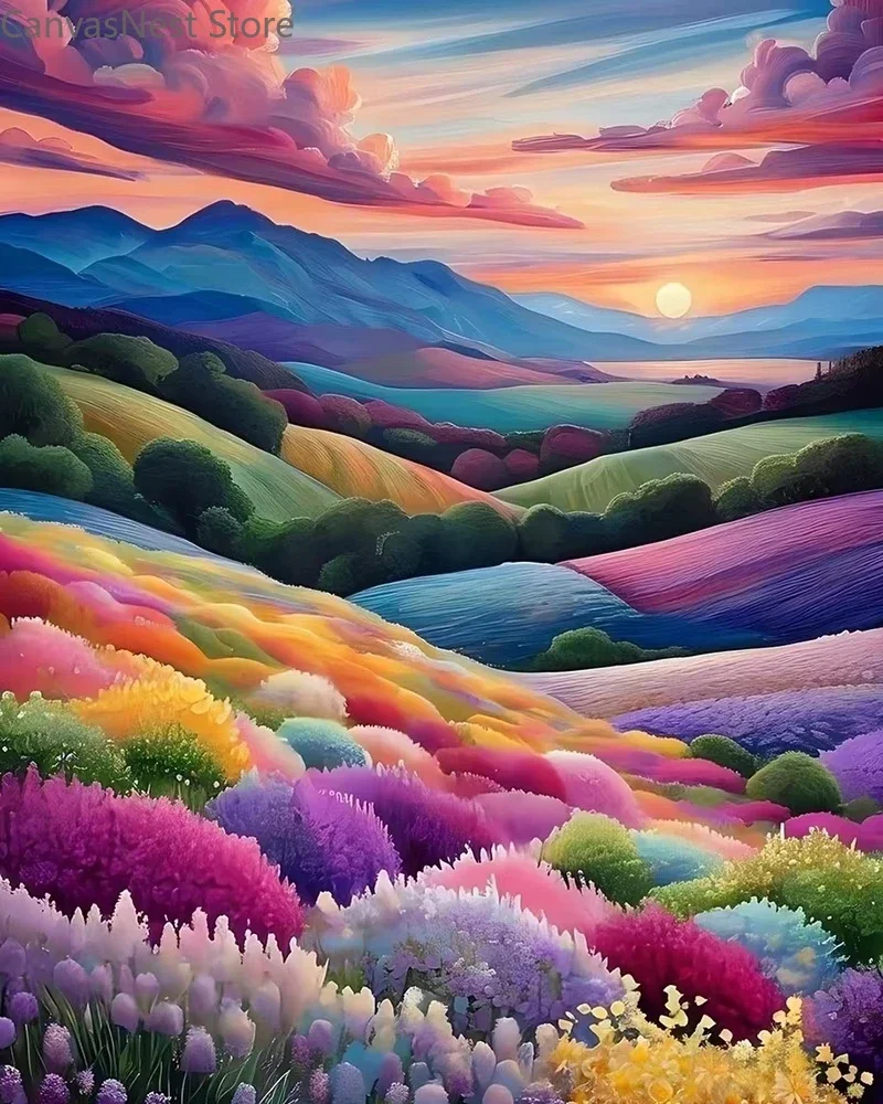 Dreamy Colorful Flower Mountain Canvas Wall Art Set Rainbow Floral Meadow Sunset Landscape Print Painting for Teen Bedroom Do