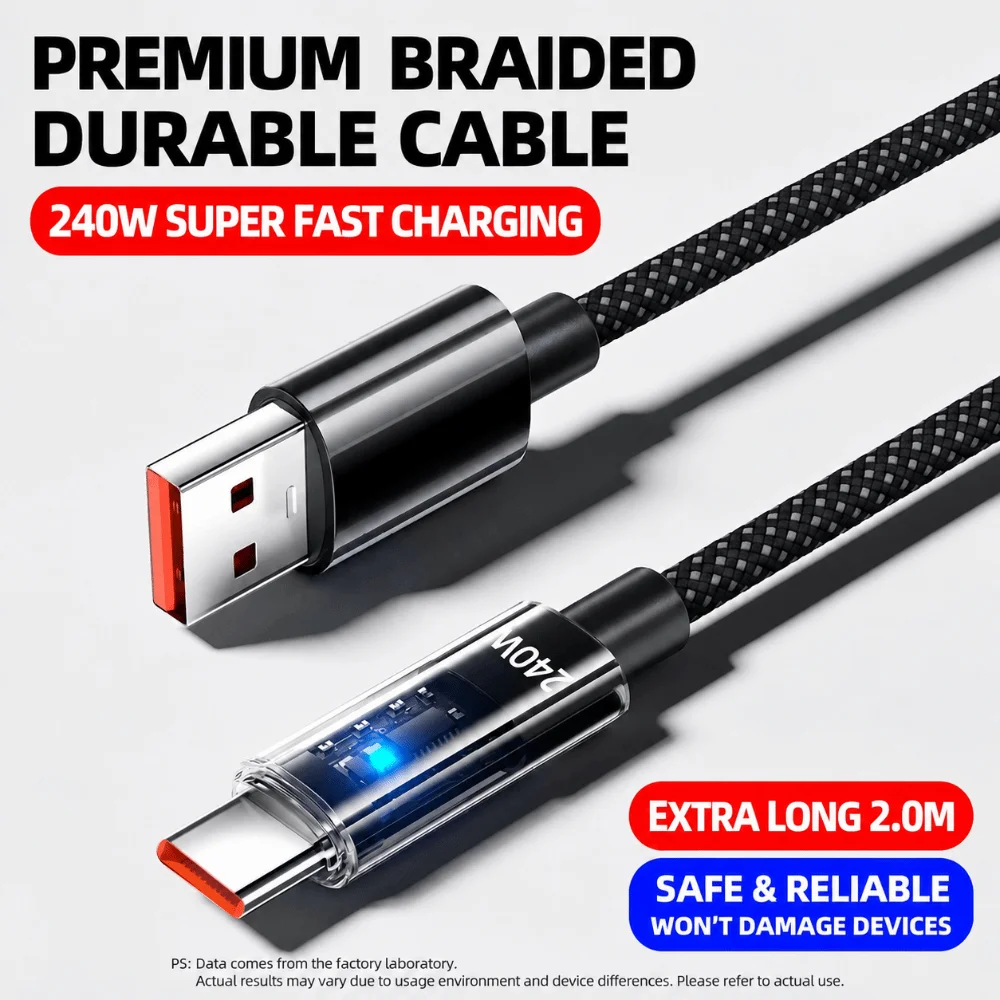 High Quality 240W Super Fast Charging Wire Braided LED Display USB to Type C Cable 1/1.5/2m Nylon Phone Accessories for Samsung