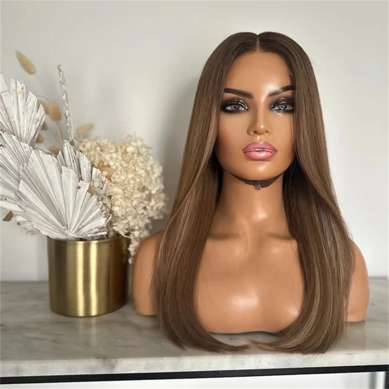 

Ombre Caramel Brown Highlights Glueless Wigs Synthetic Hair Balayage Beginner Friendly High Quality Natural Soft Straight Wigs