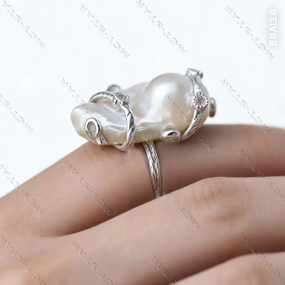 MTC·STAR White Baroque Keshi Reborn Pearl Ring with CZ - Elegant Reimagined Pearl Jewelry (Z14206)