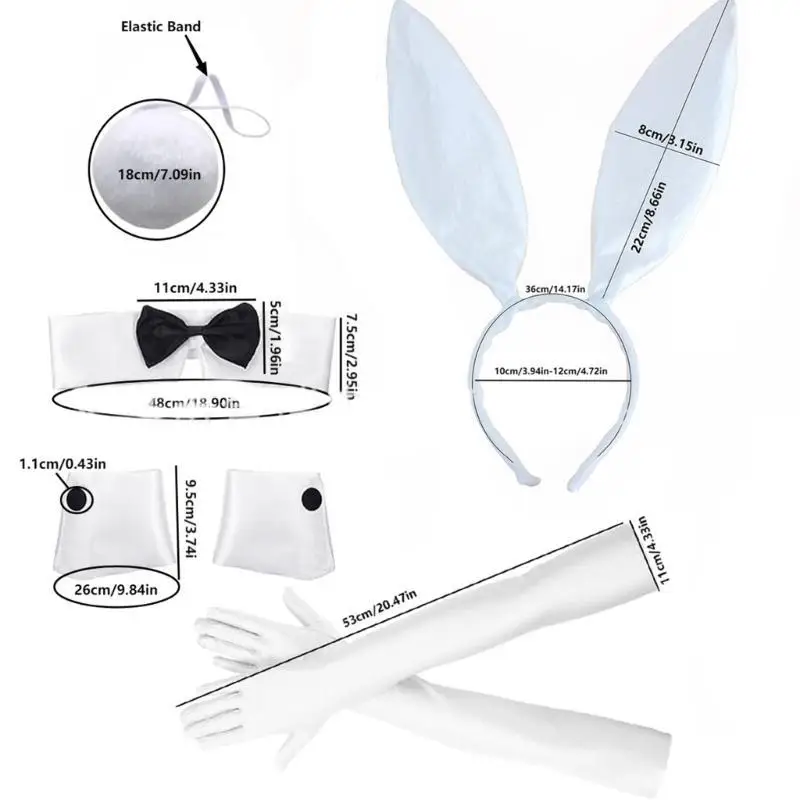 652F Costume da ragazza copricapo sexy con orecchie coniglio in peluche, fascia per capelli, coda, papillon, 5 pezzi